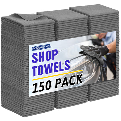 HOMERHYME front packaging showing 150-count grey microfiber towels benefit bulk supply