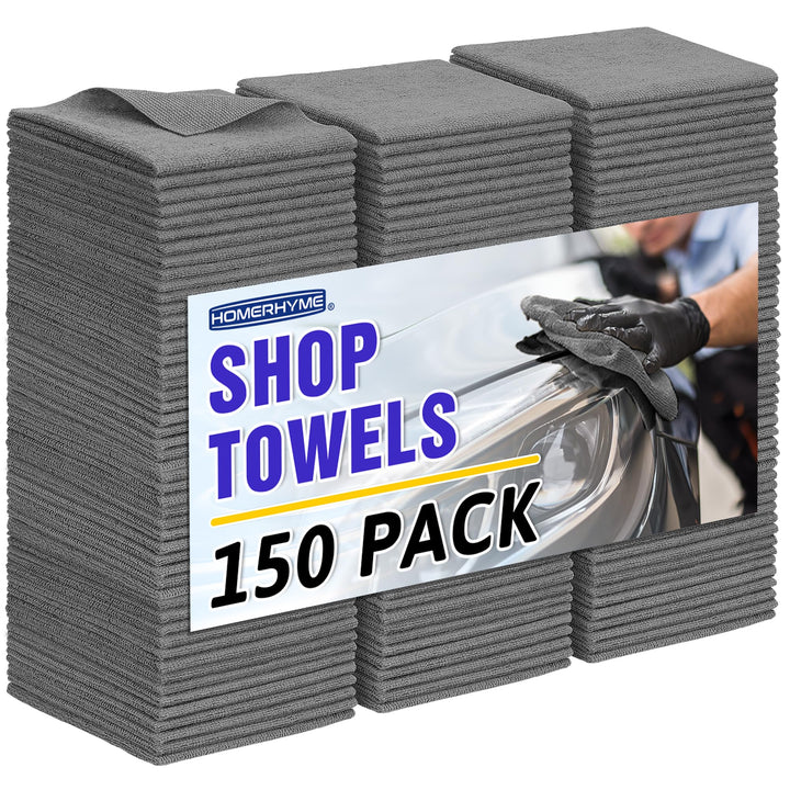 HOMERHYME front packaging showing 150-count grey microfiber towels benefit bulk supply