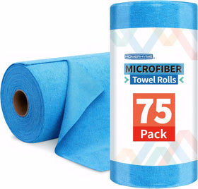 HOMERHYME front roll packaging showing 75 perforated microfiber sheets and convenience
