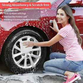 HOMERHYME towel used on car surface highlighting streak-free polishing benefit