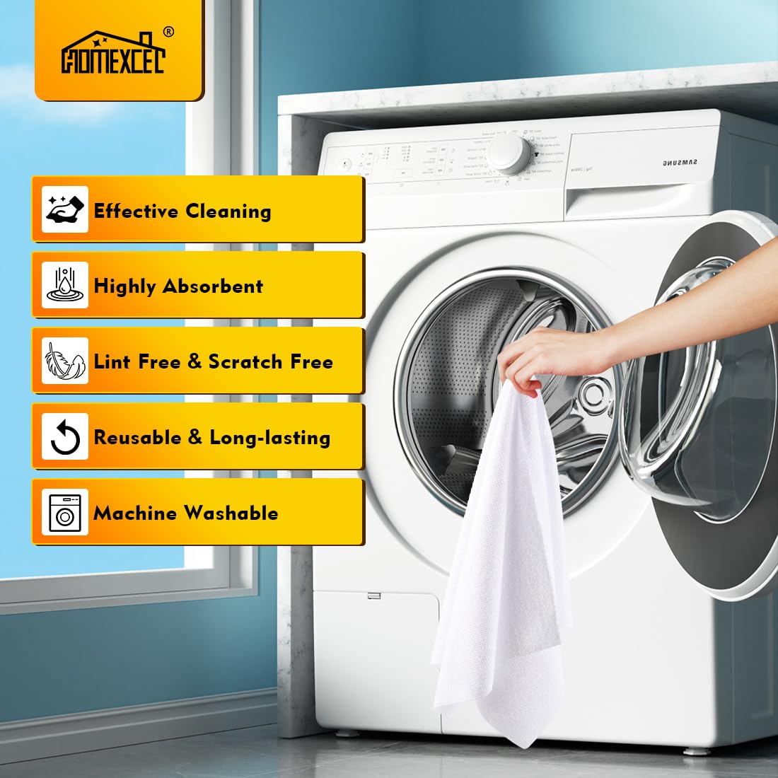 HOMEXCEL post-wash cloth stack showing durable quick-dry fabric