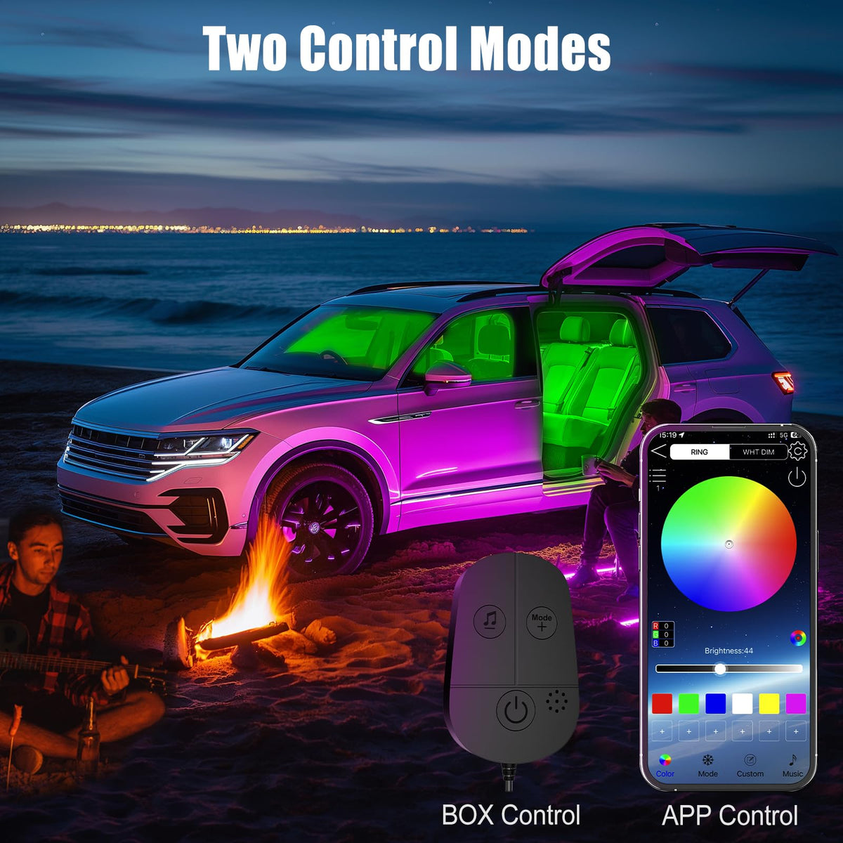 Honalia control box and phone app screen, showing quick color selection and convenience