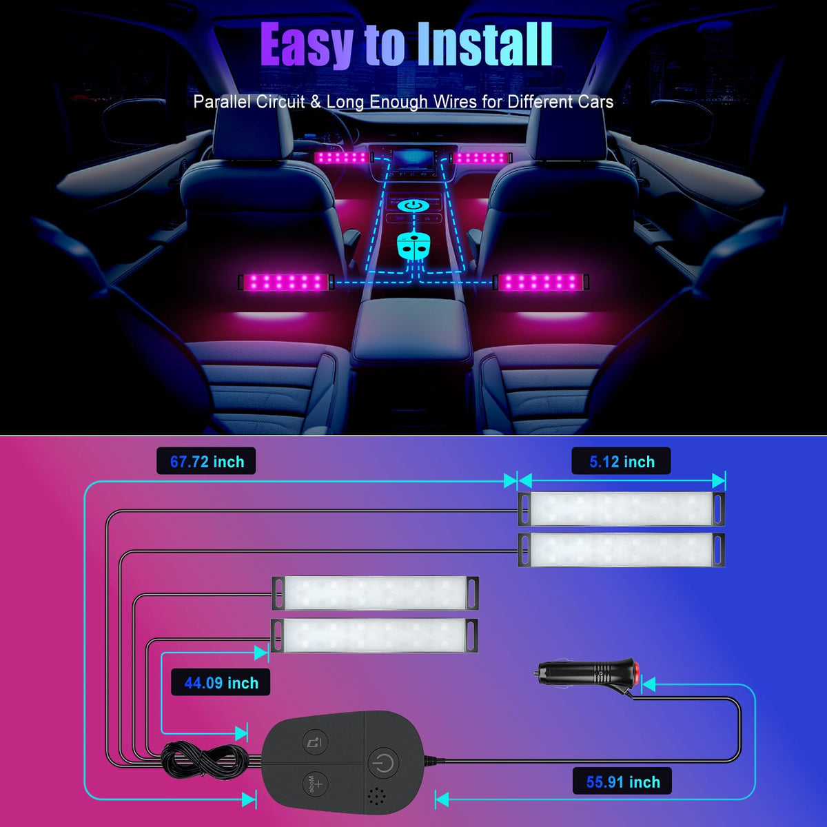 Honalia ambient lighting in a car at night, enhancing mood and music-sync driving enjoyment