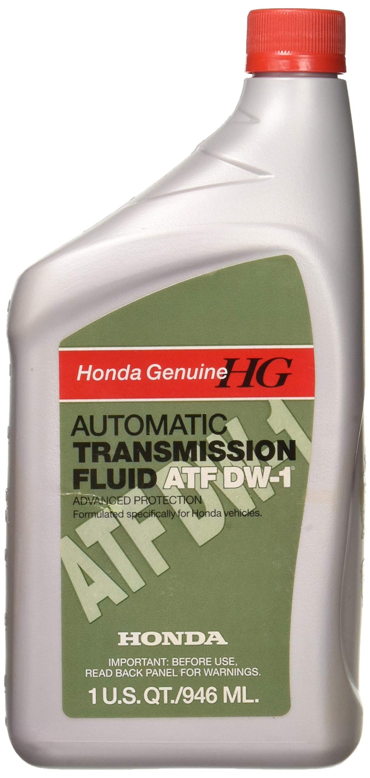Honda ATF DW-1 front label showing product details and OEM assurance benefit