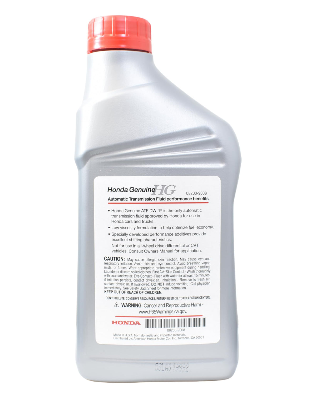 Honda ATF DW-1 bottle close-up label highlighting OEM formula benefits
