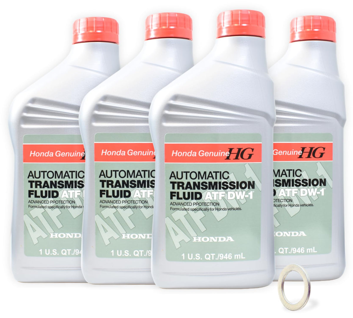 Honda ATF DW-1 front packaging showing four-quart bottles for correct fit