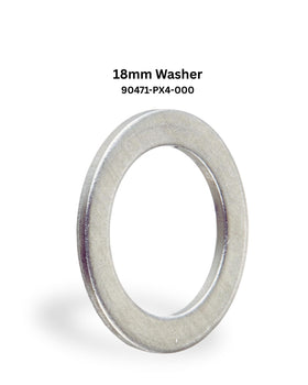 Honda 18 mm aluminum drain plug washer next to a drain plug for leak prevention