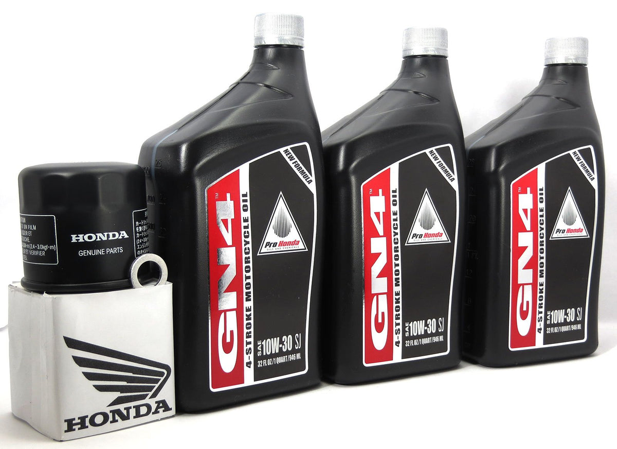 Honda oil kit front view showing GN4 bottle and OEM filter, ensures correct fit