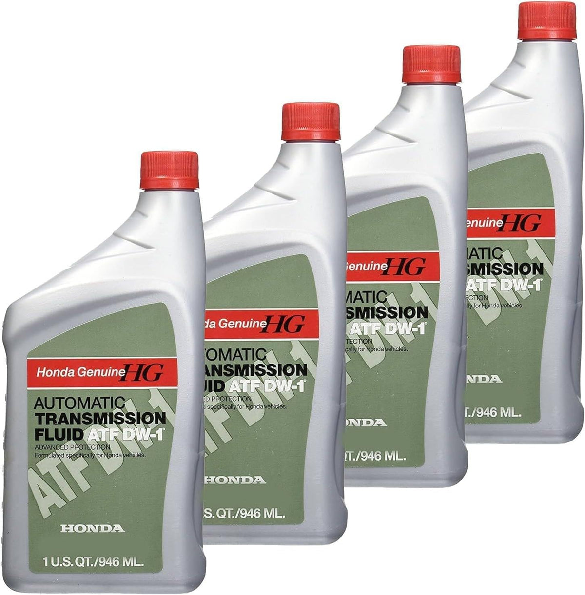 Honda DW-1 4-pack front packaging showing four 1-quart bottles and part number 08200-9008 for correct fit