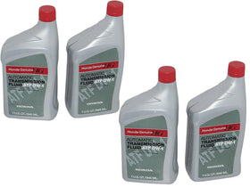 Close-up of Honda DW-1 bottle pouring fluid into transmission filler, showing accurate flow and OEM label