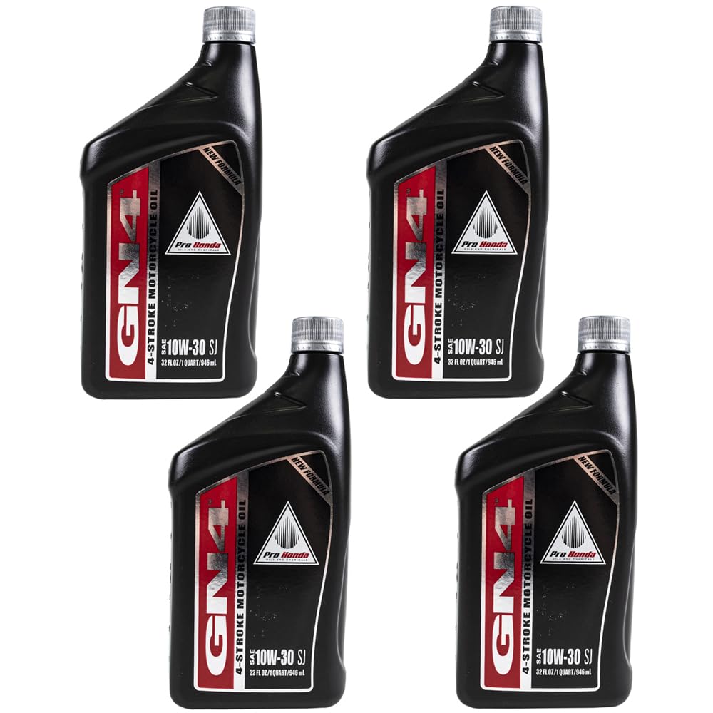 Honda GN4 10W-30 front packaging showing four sealed quarts, ensuring correct OEM oil