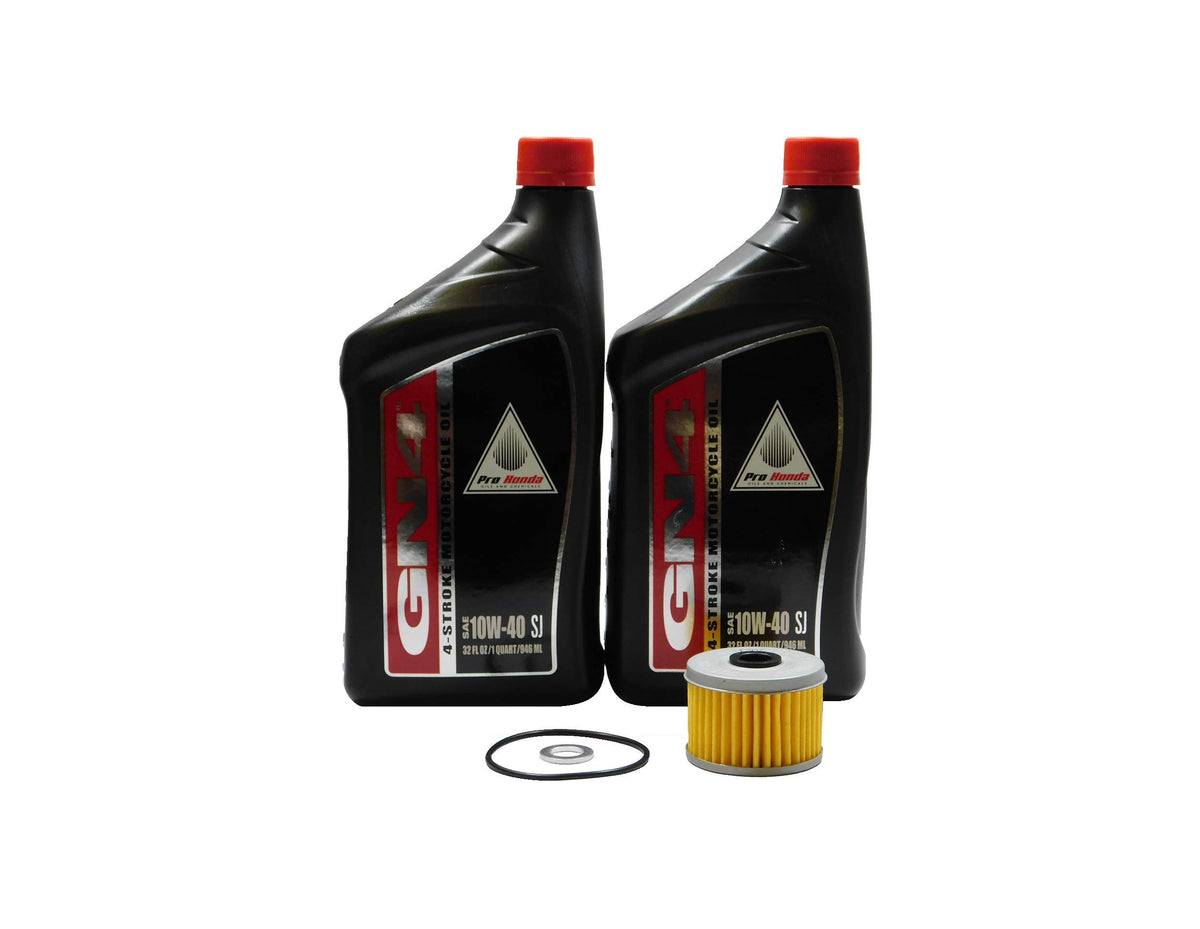 Honda Sportrax 400 oil change kit front view showing oil cans and filter for reliable service