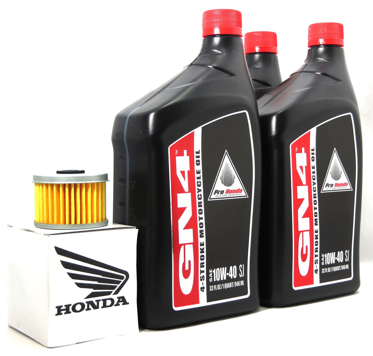 Honda oil change kit front pack showing oil bottle and OEM filter for reliable service