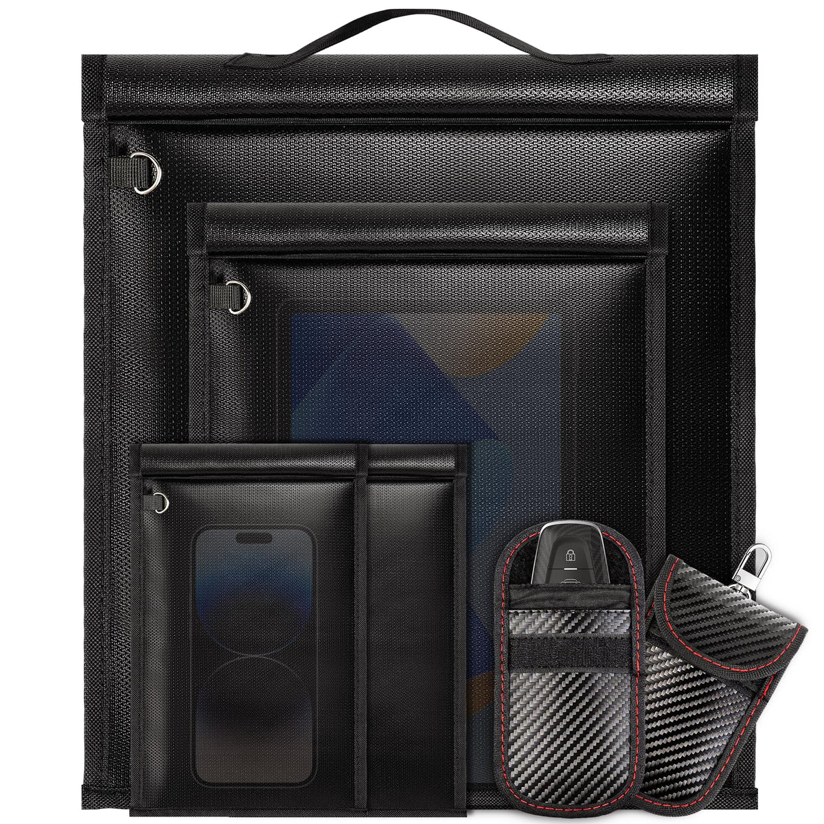 HONGDDY front packaging showing six-piece faraday bag kit and contents for secure storage
