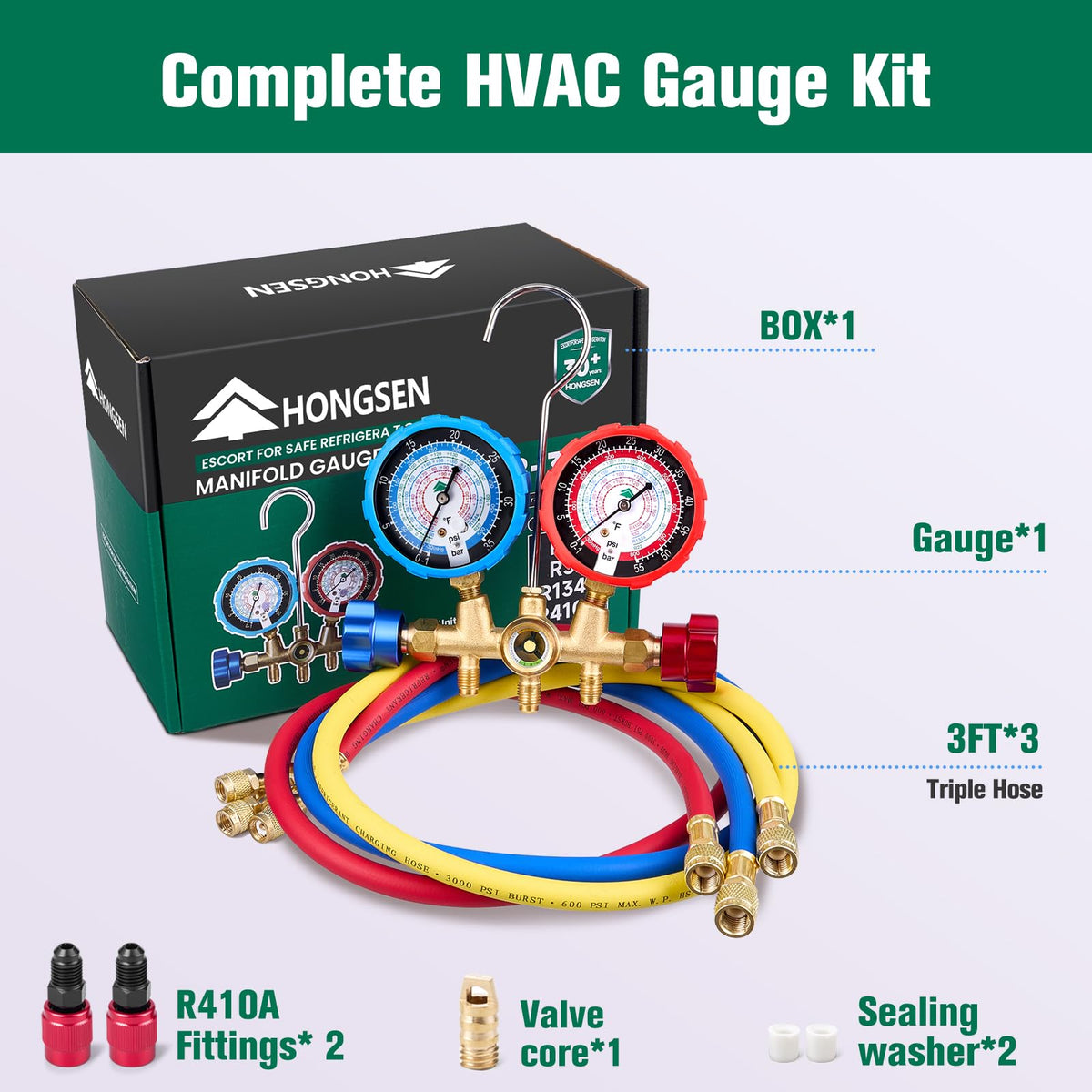 hongsen tri-color 3ft hoses ready for charging vacuum and service tasks