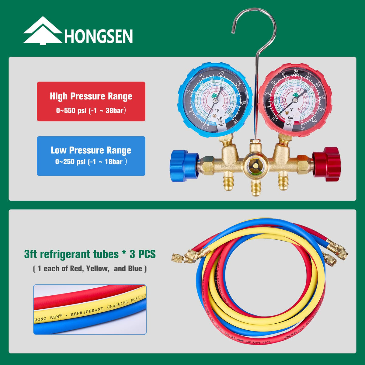 hongsen close-up of dual gauges for clear refrigerant pressure readings