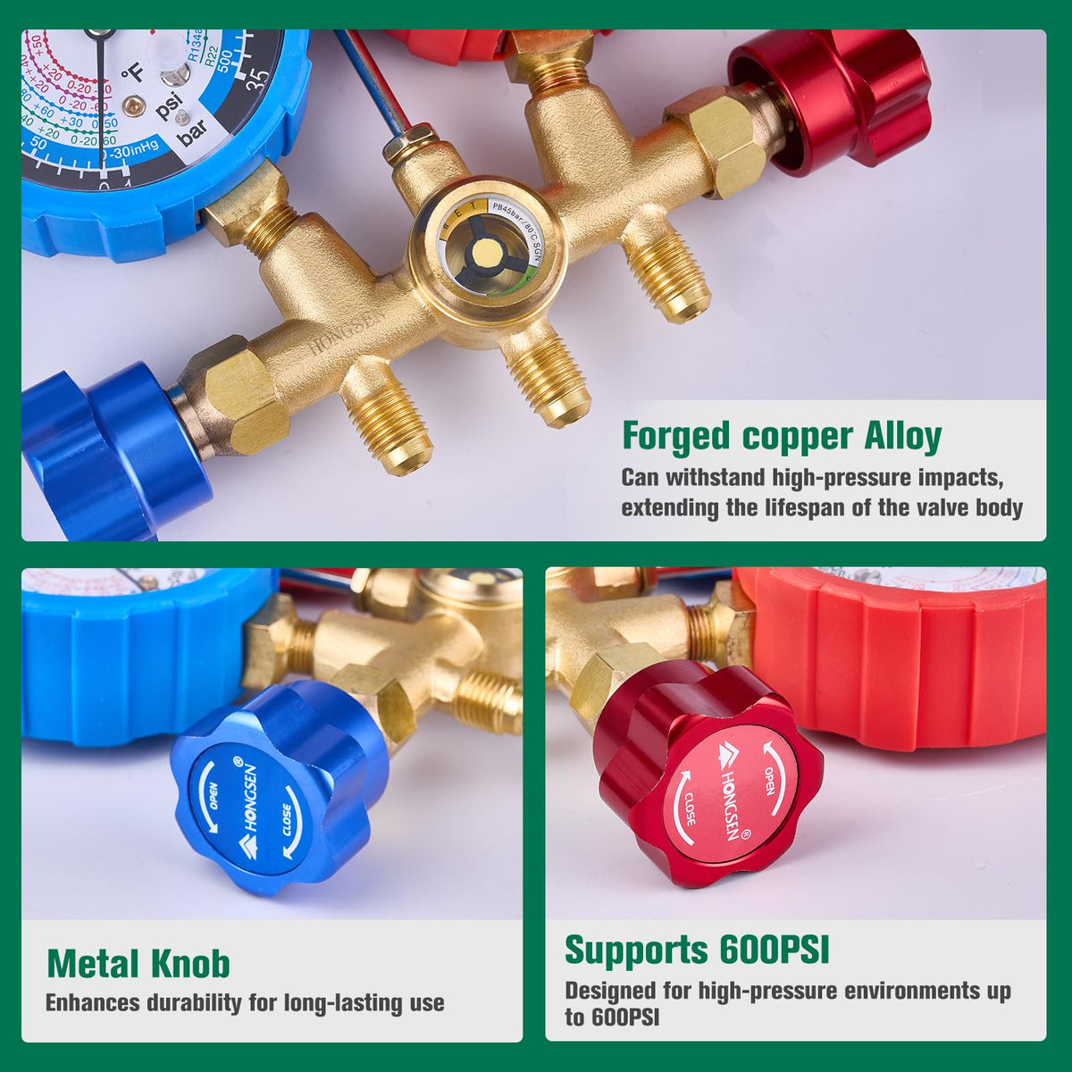 hongsen R410A adapters beside port enabling high-pressure system compatibility
