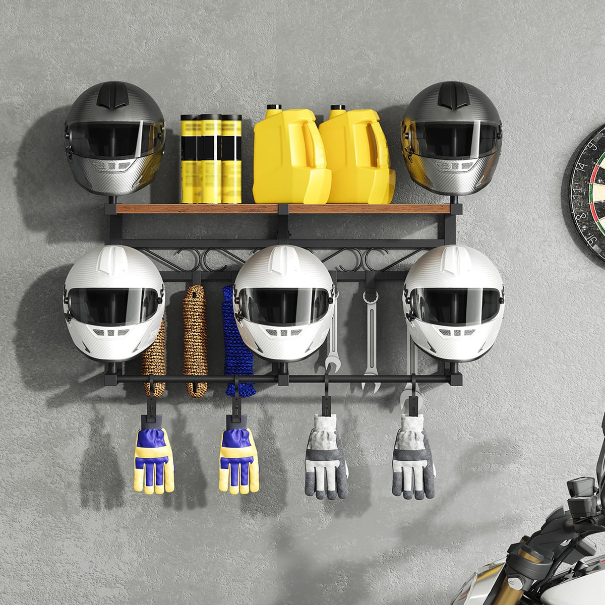 HOOBRO front view of rack displaying five helmets and neat organization benefit