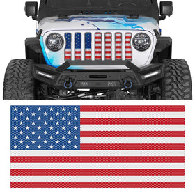 Hooke Road front grille insert on Jeep showing bold flag and protection