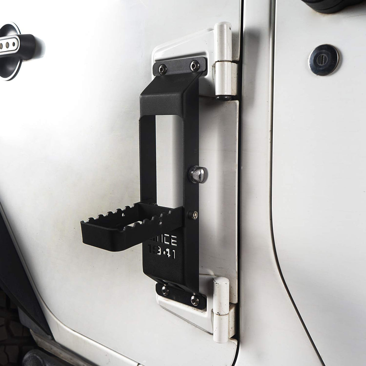 Hooke Road front view mounted on Jeep hinge showing secure fit and access
