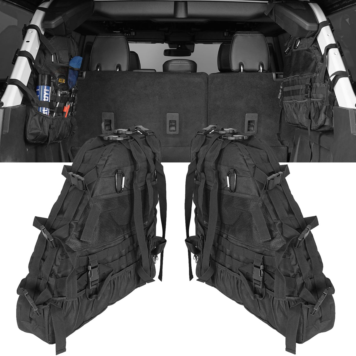 Hooke Road front view of roll bar bag showing organized storage benefit