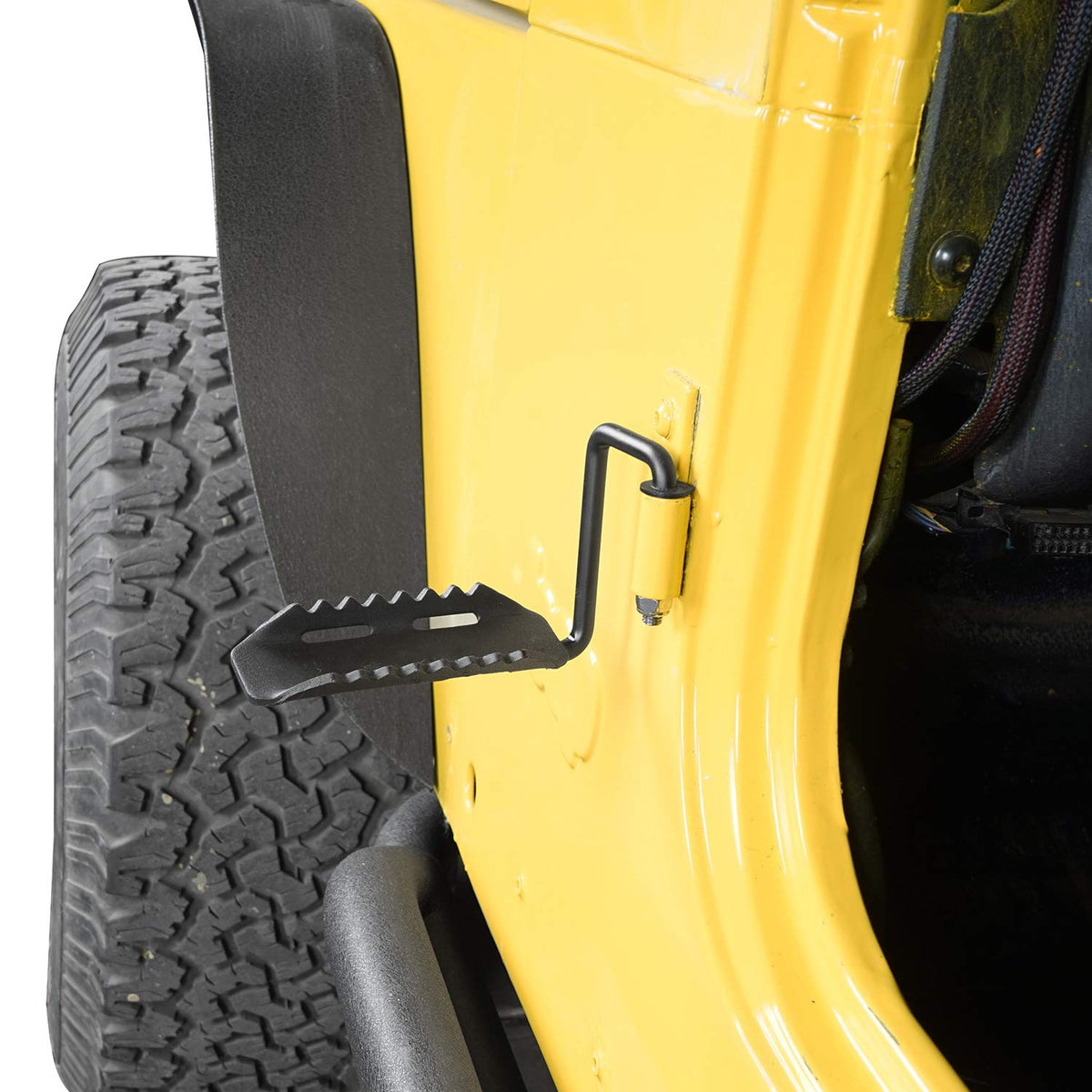 Hooke Road front view of Wrangler foot pegs showing sturdy hinge-mounted design and improved comfort