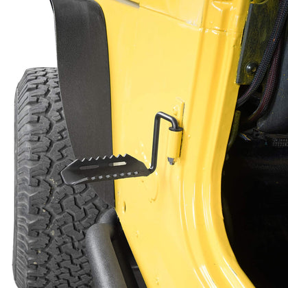 Hooke Road front view of Wrangler foot pegs showing sturdy hinge-mounted design and improved comfort