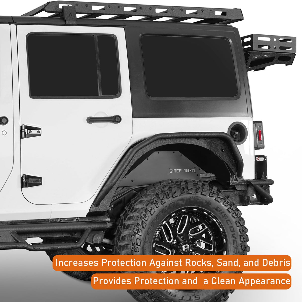 Hooke Road liner installed in Jeep JK rear wheel well preventing debris