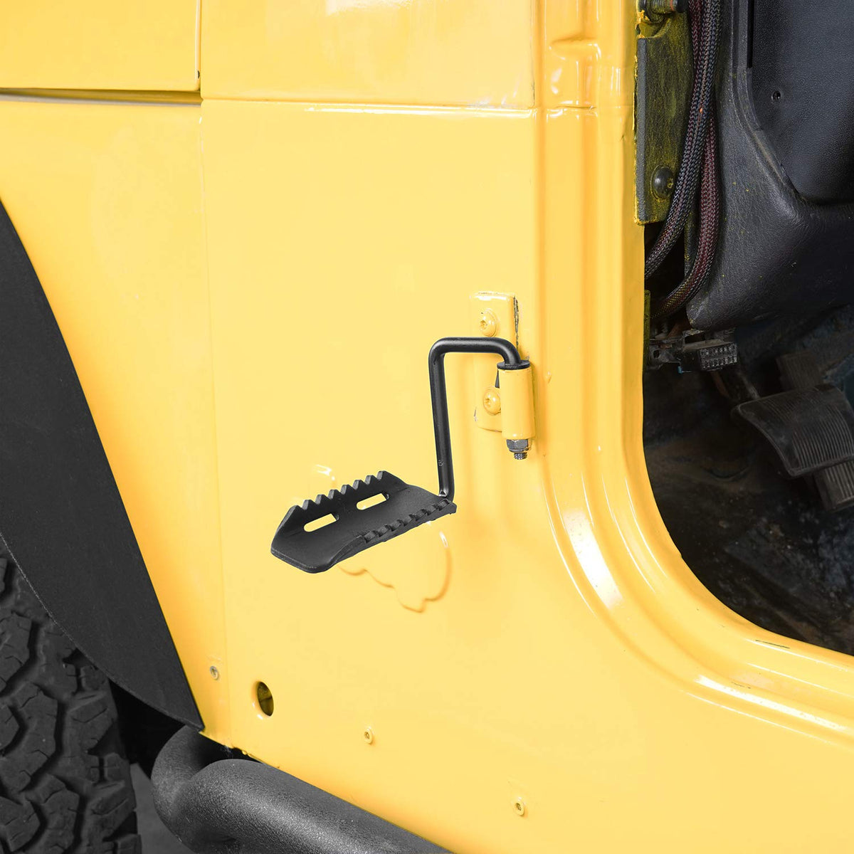 Hooke Road side profile of peg mounted on Jeep TJ door hinge for stable foot placement