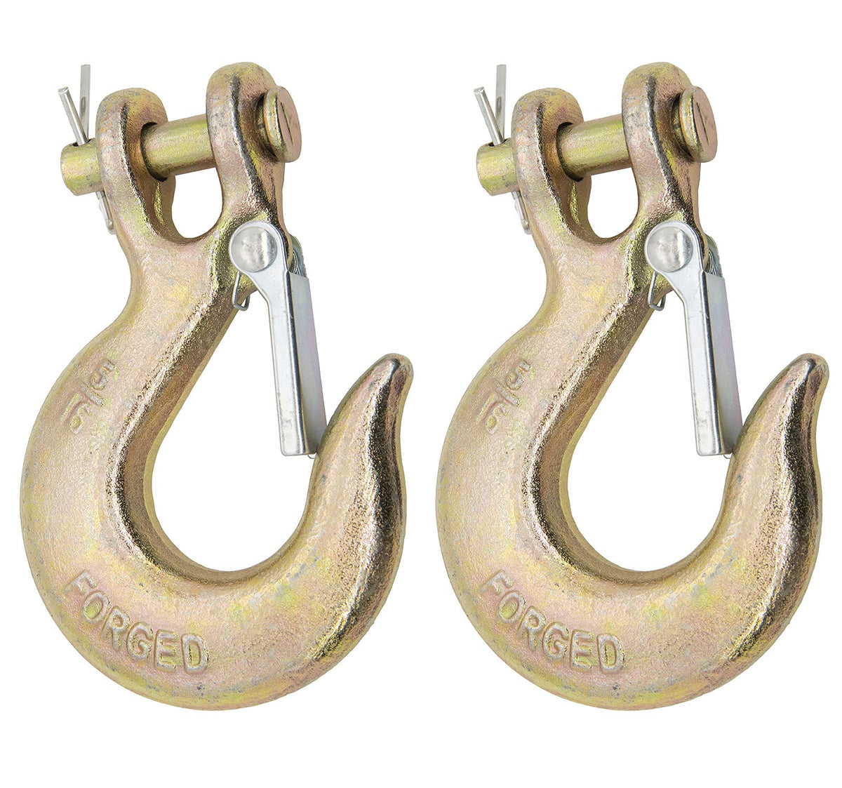 HOOTO front view of two 5/16" G70 clevis slip hooks showing robust construction and rating