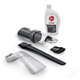 Hoover front packaging showing the full 5-piece car cleaning kit and included solution benefiting organization