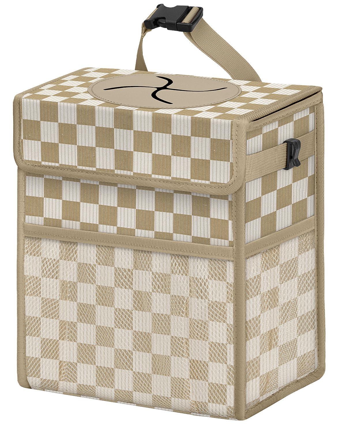 HORJONES corduroy car trash can front view showing lid and neat design benefit keeps cabin tidy