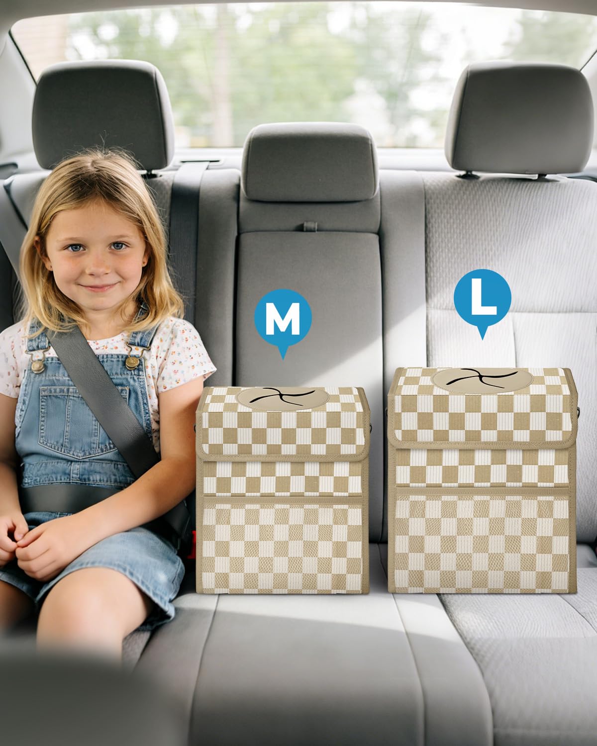 HORJONES lifestyle shot mounted on headrest showing easy access and neat car interior benefit