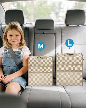 HORJONES lifestyle shot mounted on headrest showing easy access and neat car interior benefit