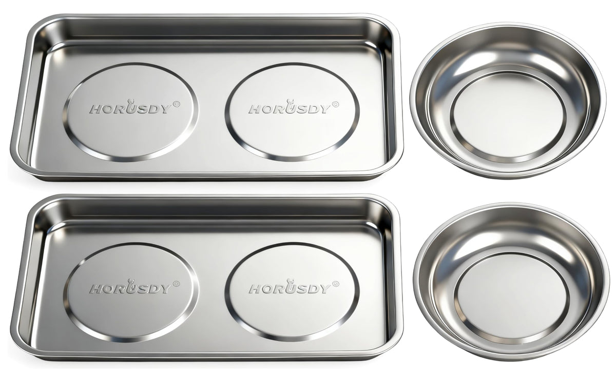 HORUSDY front view of 4-piece magnetic tray set showing sizes and finish, keeps parts organized