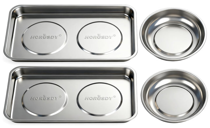 HORUSDY front view of 4-piece magnetic tray set showing sizes and finish, keeps parts organized