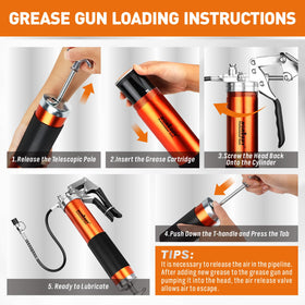 HORUSDY grease gun being used on a tractor zerk fitting for efficient service