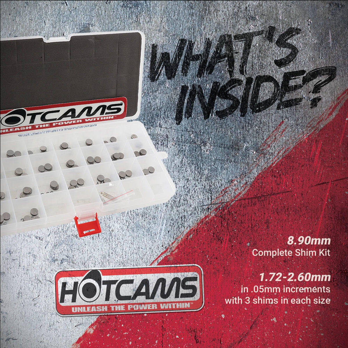 Hot Cams shim laser-etched size detail for quick on-bench identification