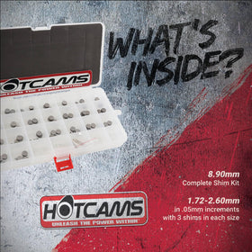 Hot Cams shim laser-etched size detail for quick on-bench identification