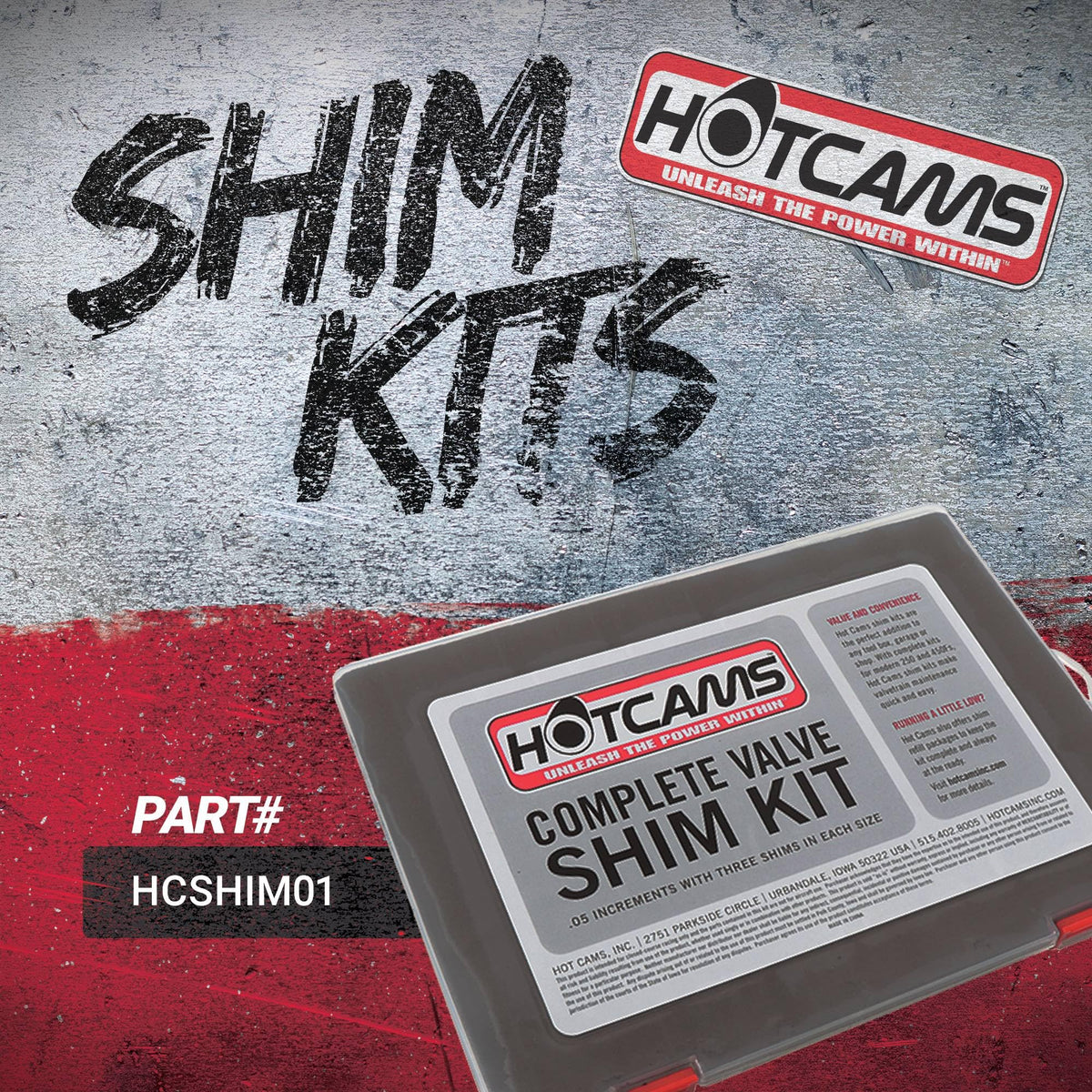 Hot Cams shims close-up with laser-etched sizes visible, enabling faster selection during maintenance