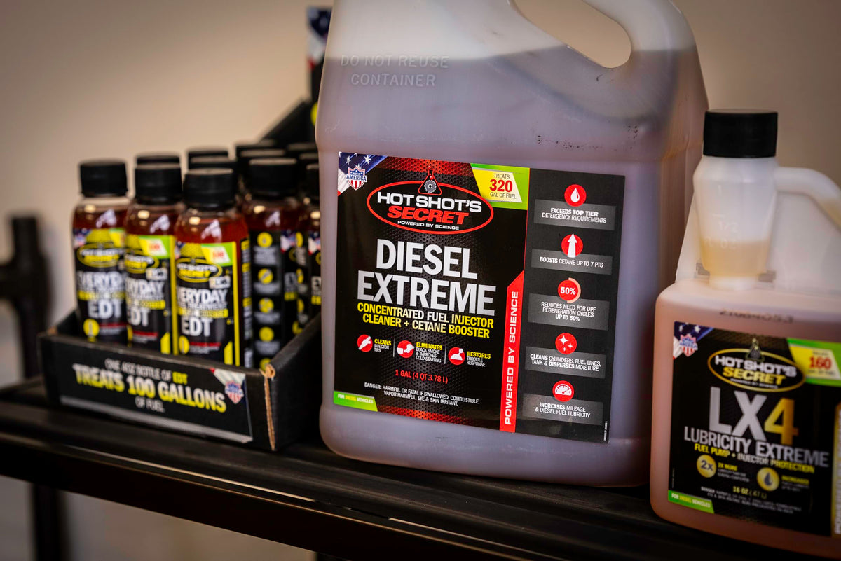Infographic of Hot Shot's Secret benefits showing cleaning, cetane boost, and protection