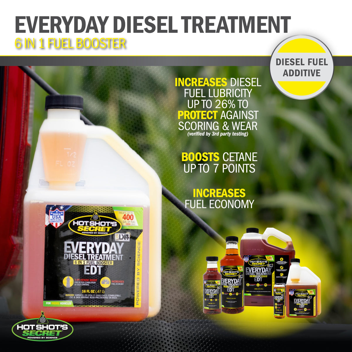 Hot Shot's Secret EDT being poured into diesel tank during fill-up, aiding injector protection