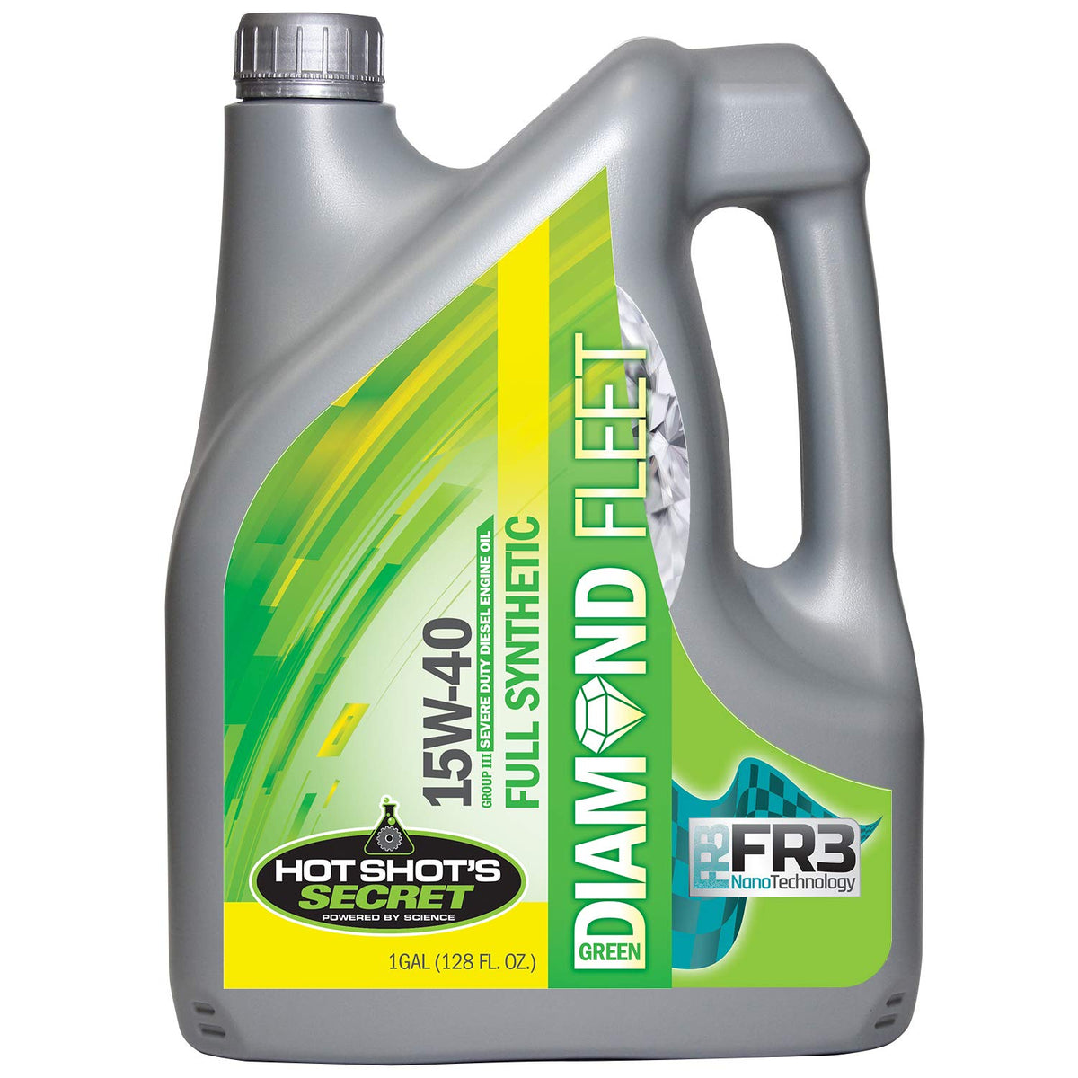 Hot Shot's Secret Green Diamond 1-gallon front label showing product and fuel efficiency benefits