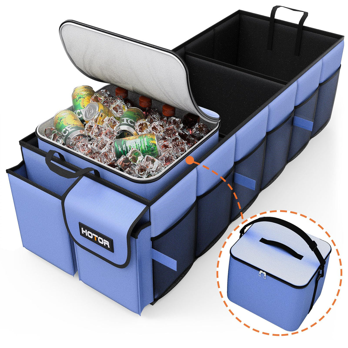 HOTOR organizer front view showing compartments and cooler for tidy storage