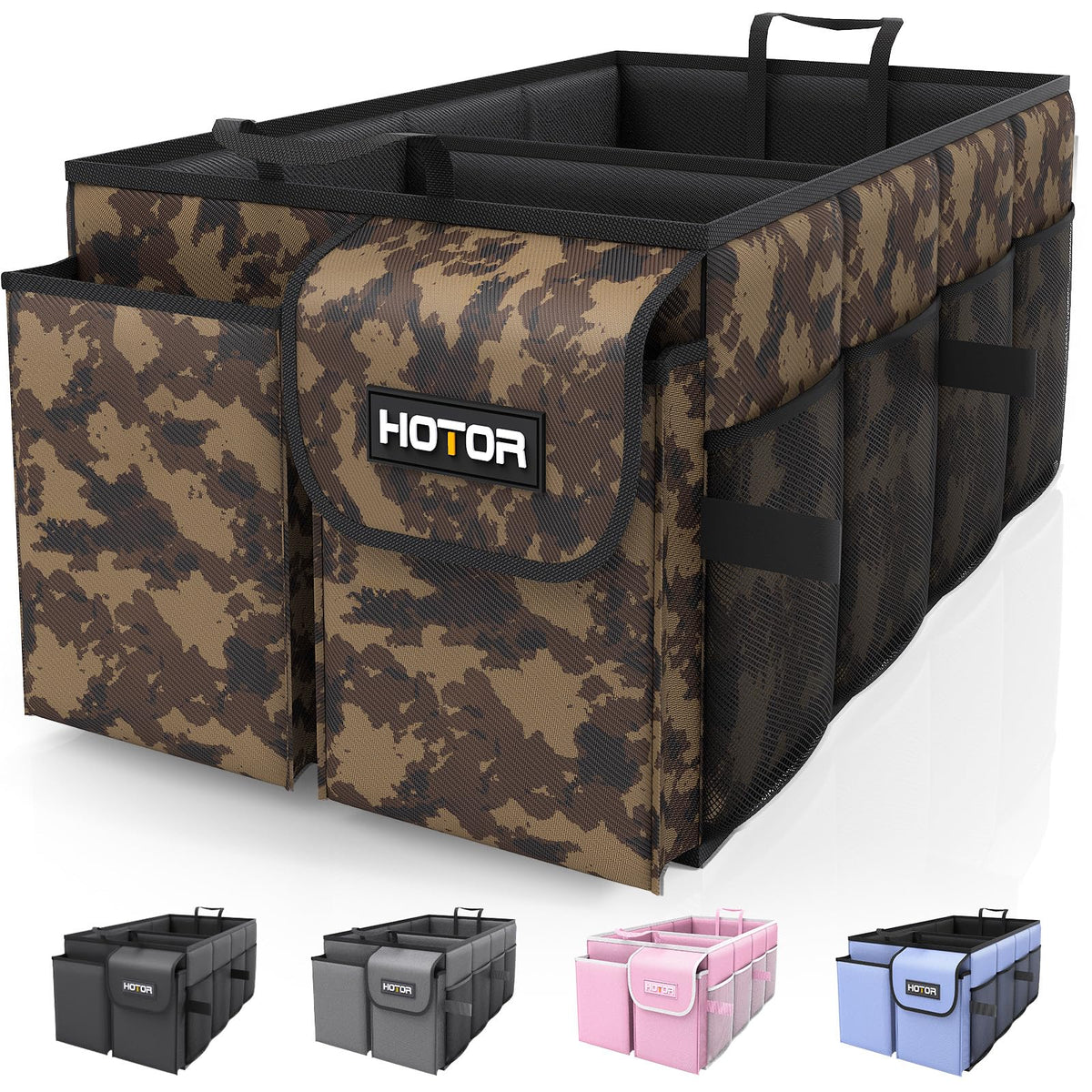 HOTOR trunk organizer front view showing compartments and tidy storage benefit
