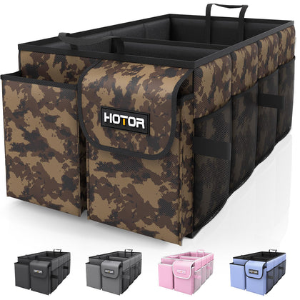 HOTOR trunk organizer front view showing compartments and tidy storage benefit