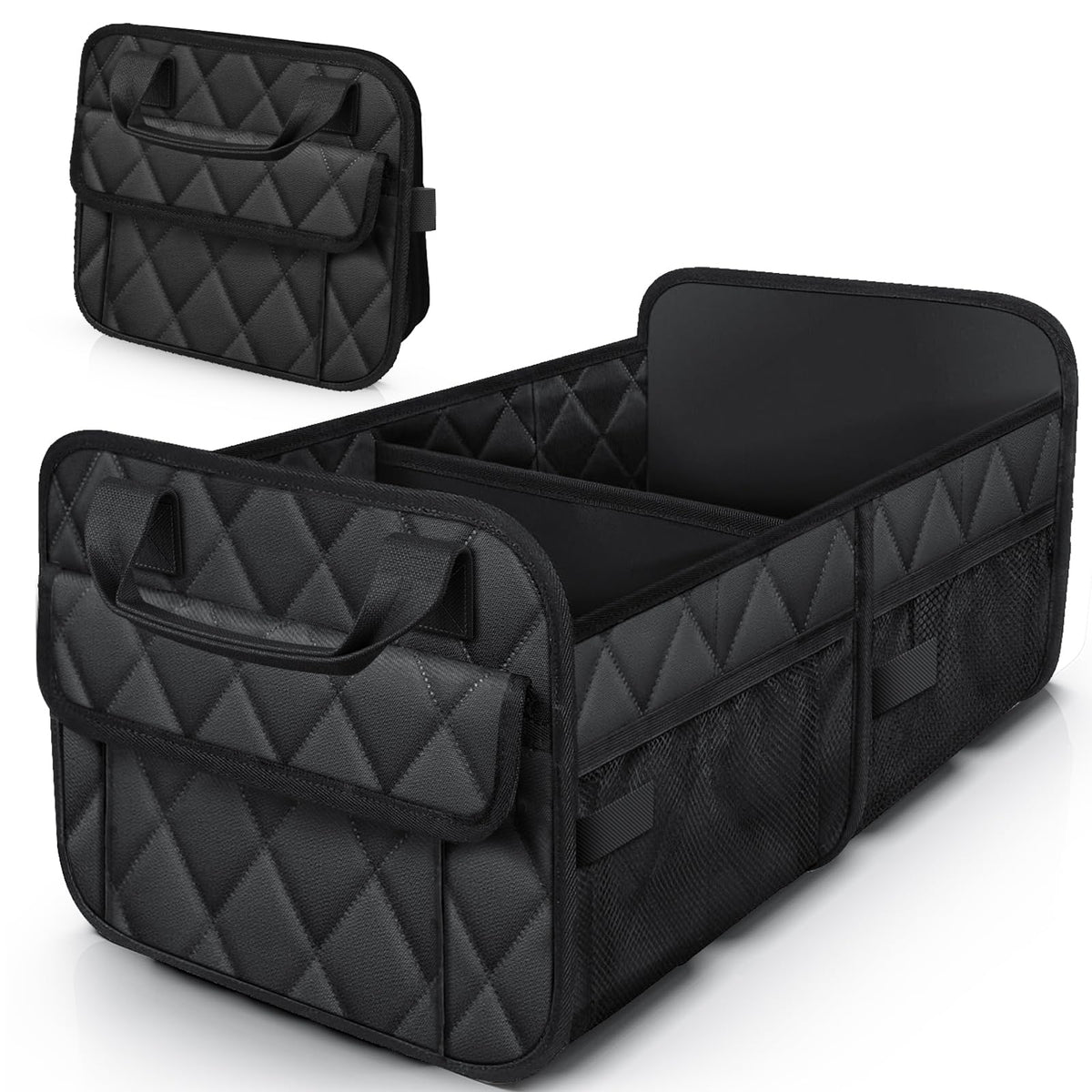 HOTOR trunk organizer front view showing loaded compartments and neat storage benefit