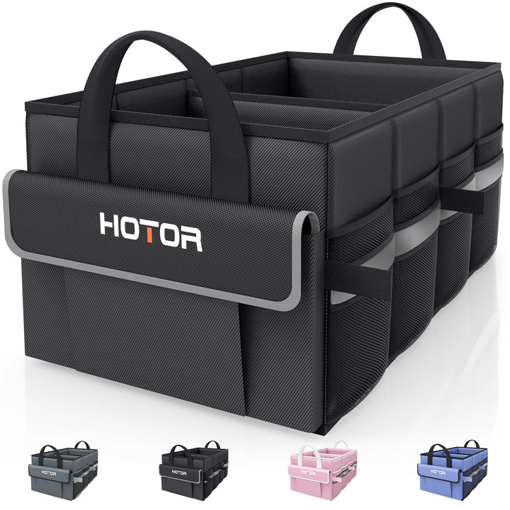 HOTOR trunk organizer front view showing compartments and handles for tidy storage