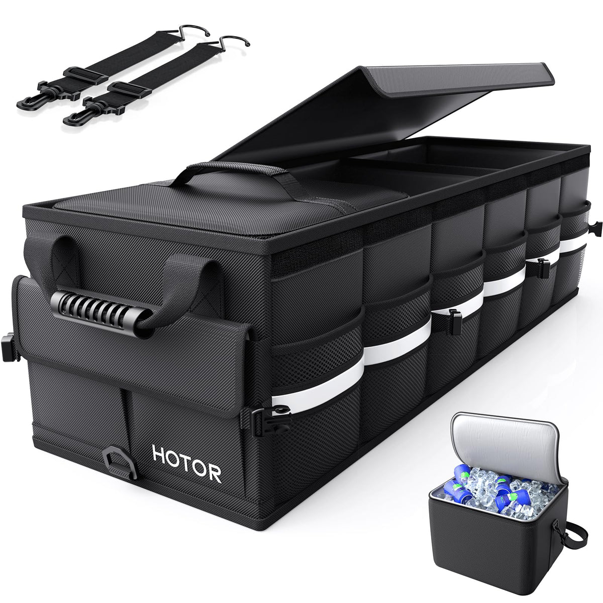 HOTOR trunk organizer front view showing compartments and reflective strips for safe visibility