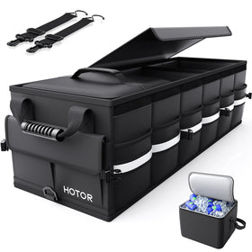 HOTOR trunk organizer front view showing compartments and reflective strips for safe visibility